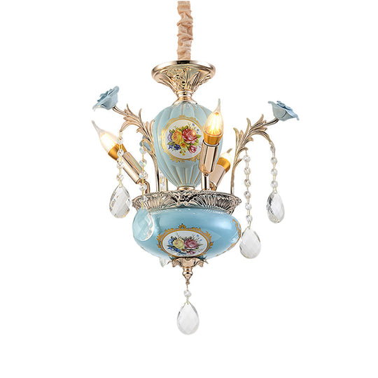 Traditional 2-Layer Blue Ceramic Chandelier - 3-Light Pendant Lamp For Corridor Ceiling