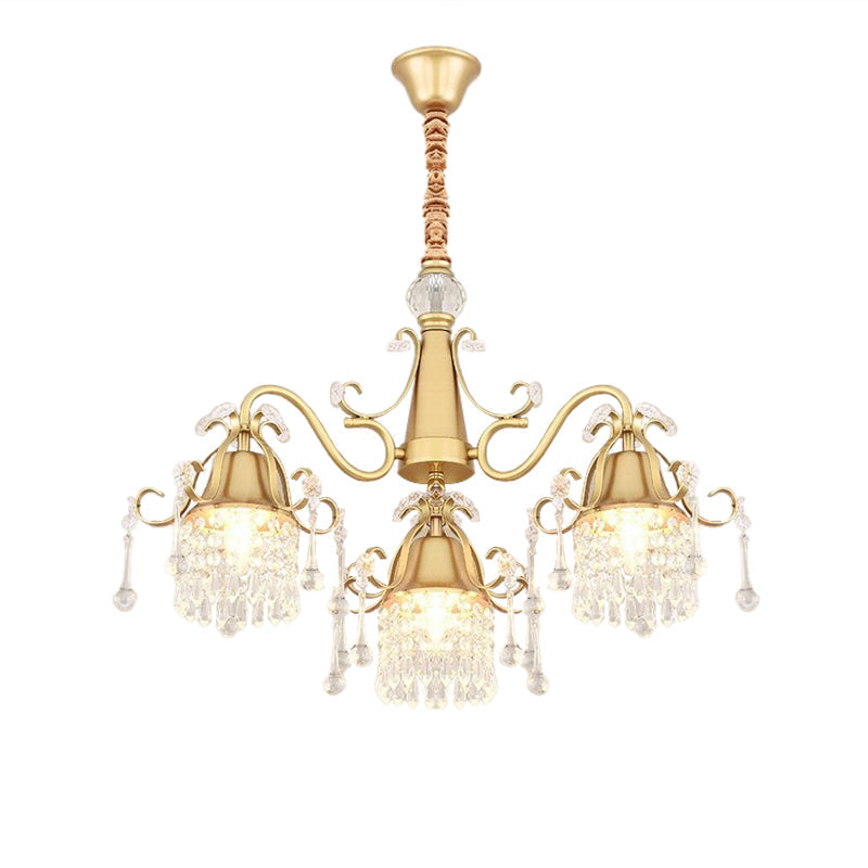 Modern Gold Crystal Drip Cylinder Chandelier With 3 Pendant Lights For Bedroom