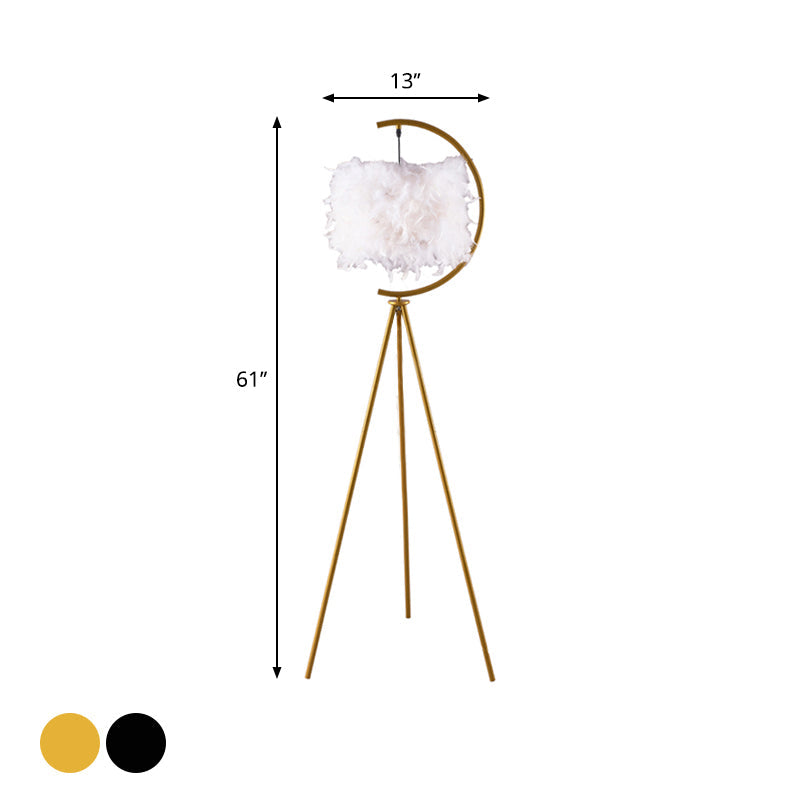 Feather Deco Drum Floor Lamp - Contemporary Tri-Leg Design Black/Gold Perfect For Single Bedrooms