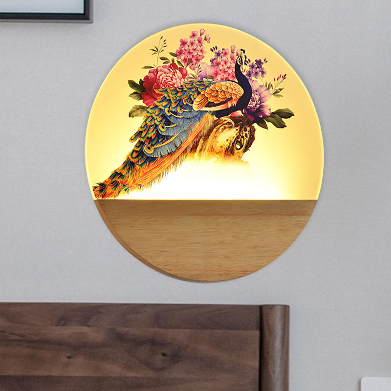 Peacock Blossom Wall Mural Lamp: Asian Style Led Wood Mount For Bedroom / A