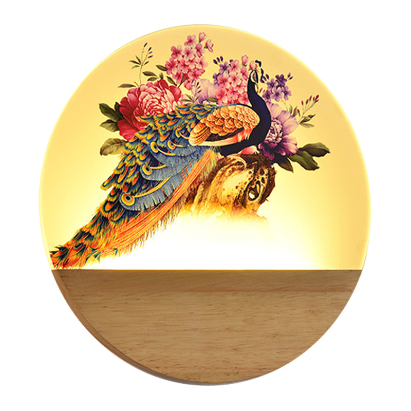 Peacock Blossom Wall Mural Lamp: Asian Style Led Wood Mount For Bedroom