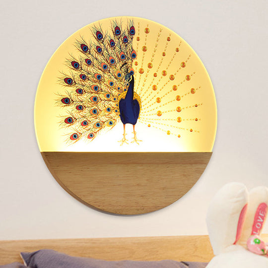 Peacock Blossom Wall Mural Lamp: Asian Style Led Wood Mount For Bedroom / B