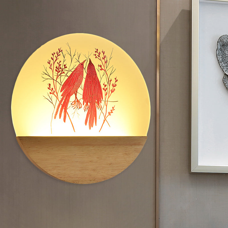 Chinese Style Wood Round Bird And Tree Led Acrylic Wall Light - Ideal Bedside Lighting