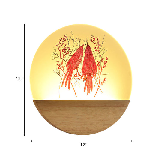 Chinese Style Wood Round Bird And Tree Led Acrylic Wall Light - Ideal Bedside Lighting