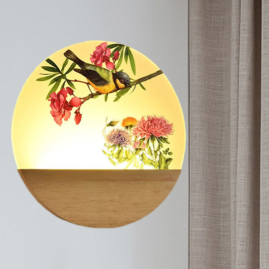 Chinese Style Wood Round Bird And Tree Led Acrylic Wall Light - Ideal Bedside Lighting
