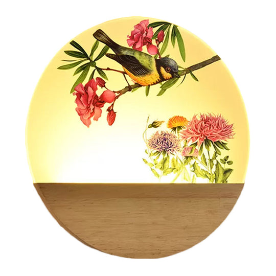 Chinese Style Wood Round Bird And Tree Led Acrylic Wall Light - Ideal Bedside Lighting