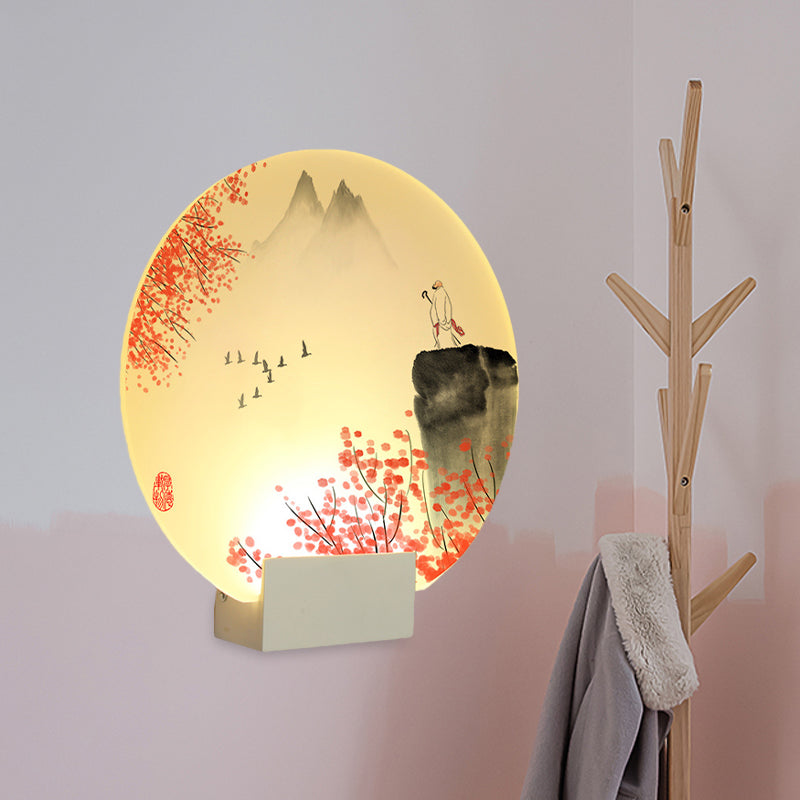 Led Oriental Style Wall Lamp With White Acrylic Shade - Mountain And Flower Design