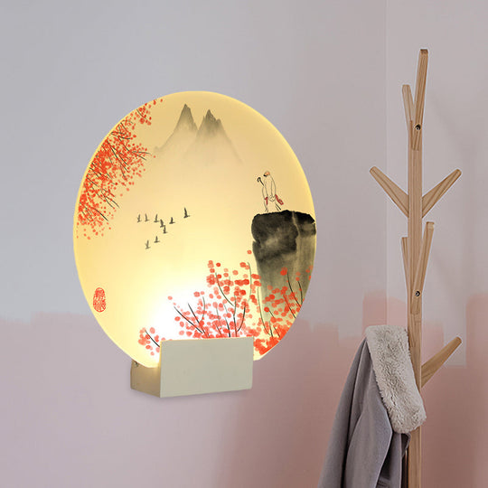 Led Oriental Style Wall Lamp With White Acrylic Shade - Mountain And Flower Design