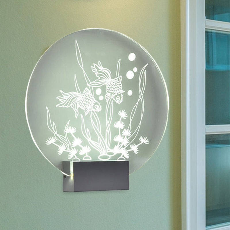 Modern Led Acrylic Wall Lamp: Clear Rounded Fish And Coral Mural Asian-Inspired Lighting For