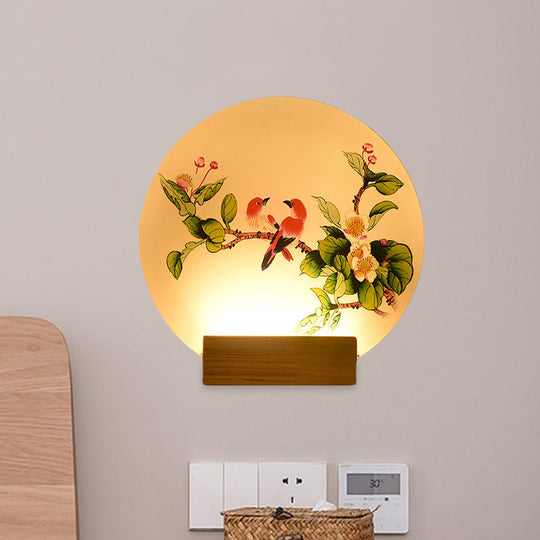 Chinese Led Acrylic Mural Light With Circular Birds And Flowers Wood Wall Mount