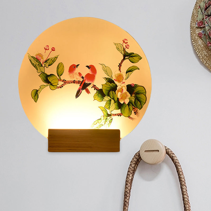 Chinese Led Acrylic Mural Light With Circular Birds And Flowers Wood Wall Mount
