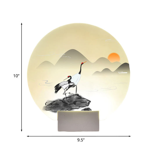 Chinese Style Acrylic Mural Light Led Wall Mounted Lamp White With Mountain And Crane Design