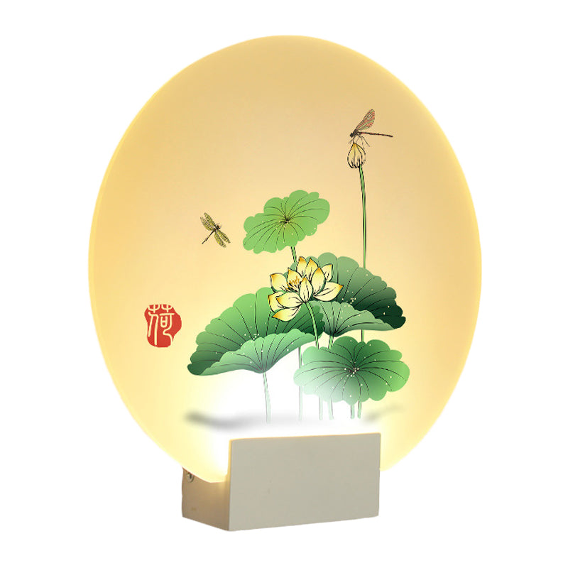 Lotus Leaf & Dragonfly Pattern Led Wall Light -Asia Style Circular Acrylic Mural In White