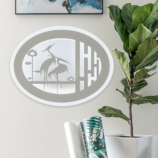 Oval Chinese Style Crane Led Wall Mural Lamp - White