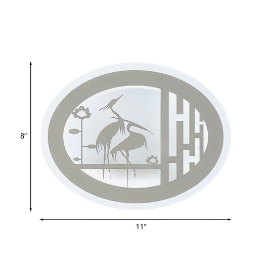 Oval Chinese Style Crane Led Wall Mural Lamp - White