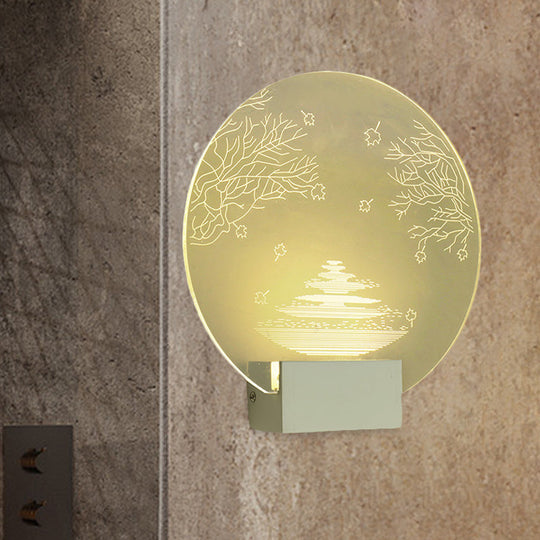 Led Acrylic Oriental Wall Lamp With Rounded Ripple And Tree Mural Design