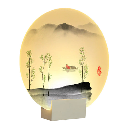 Oriental Led Acrylic Wall Lamp | Circular Mountain Boat Mural White Lighting