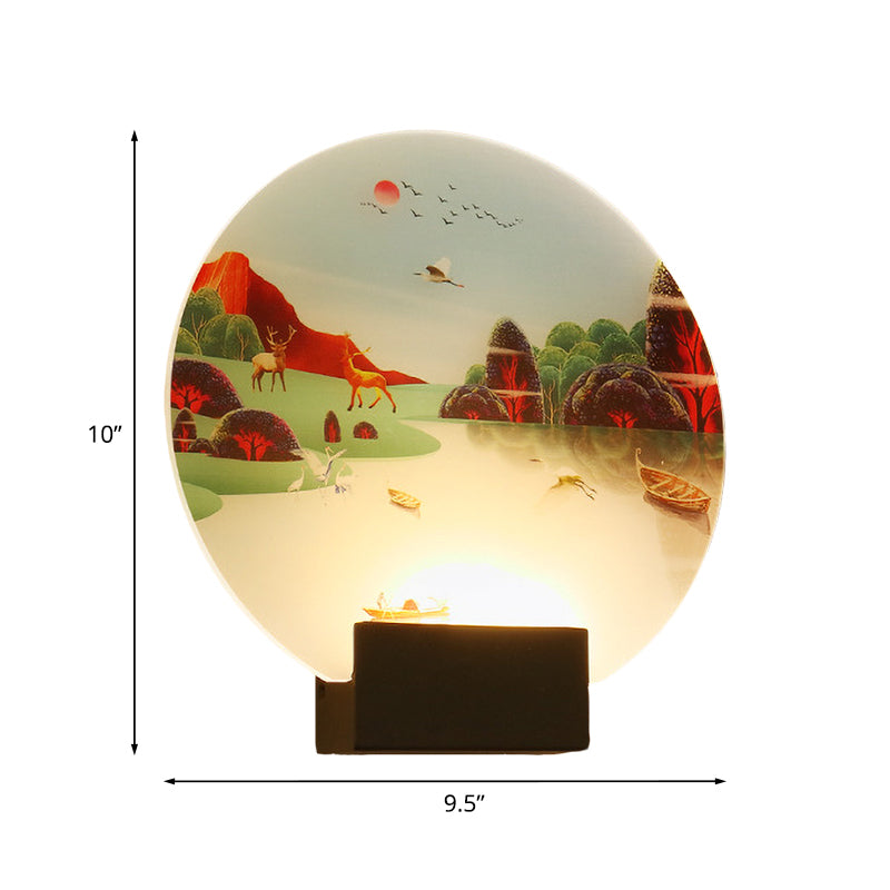 Chinese Style Wall Lamp With Led Acrylic Mural Featuring Black Elk And Lake