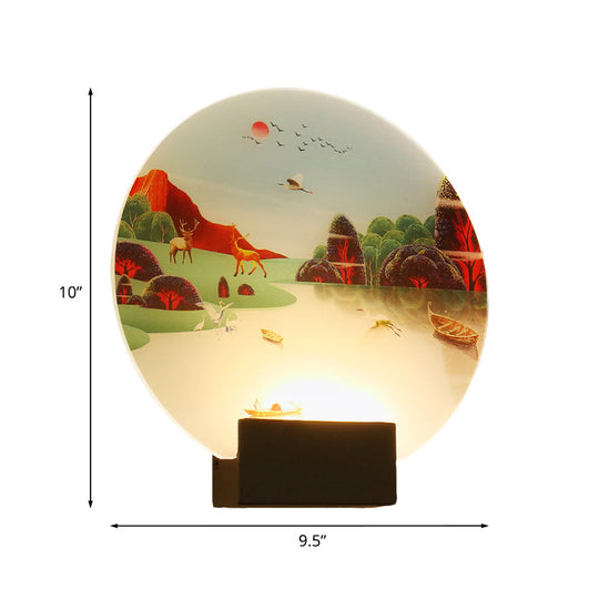 Chinese Style Wall Lamp With Led Acrylic Mural Featuring Black Elk And Lake