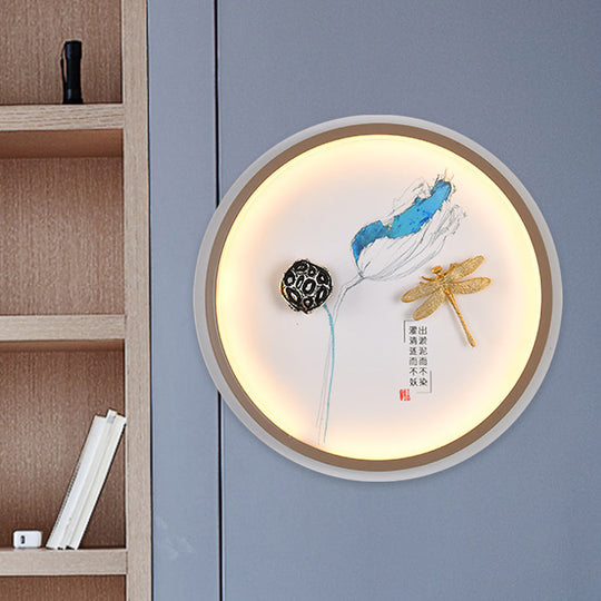 Dragonfly Led Wall Lamp In Asian Style: Yellow And Blue Circle Metallic Mural For Hallway Lighting