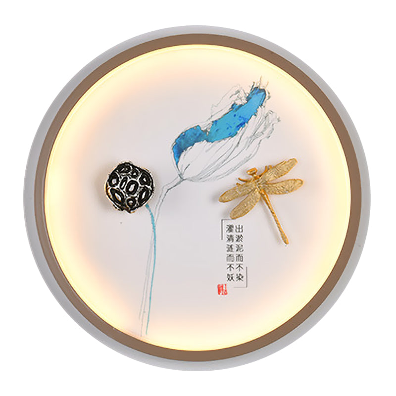 Dragonfly Led Wall Lamp In Asian Style: Yellow And Blue Circle Metallic Mural For Hallway Lighting