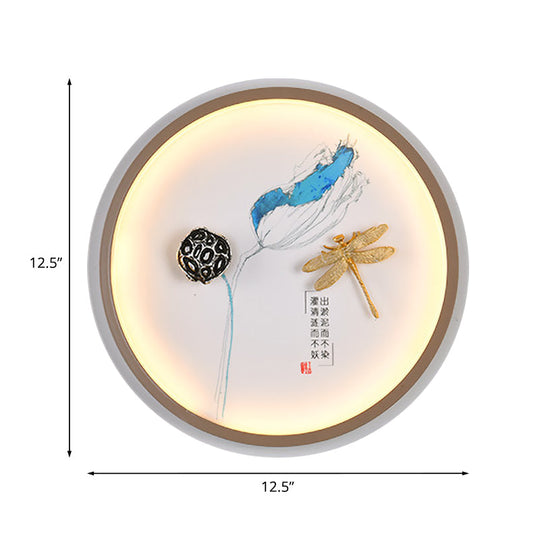 Dragonfly Led Wall Lamp In Asian Style: Yellow And Blue Circle Metallic Mural For Hallway Lighting