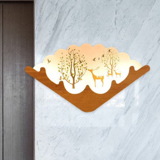 Led Asian Style Acrylic Fan Shaped Wall Lamp With Elk Deer & Forest Pattern Wood / B