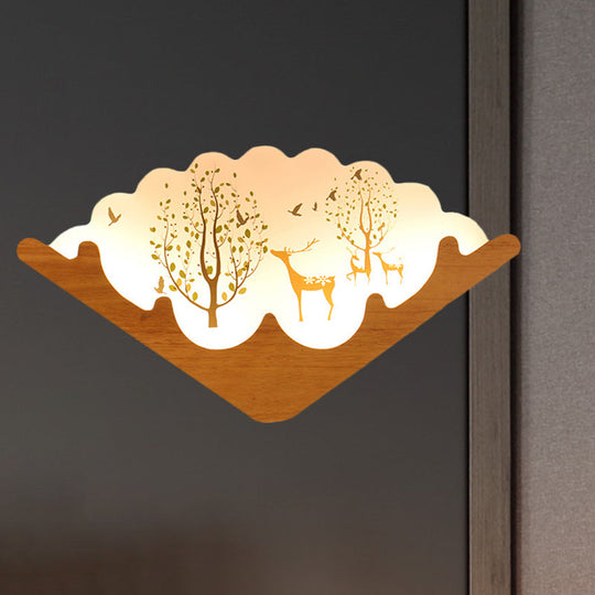 Led Asian Style Acrylic Fan Shaped Wall Lamp With Elk Deer & Forest Pattern