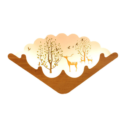 Led Asian Style Acrylic Fan Shaped Wall Lamp With Elk Deer & Forest Pattern