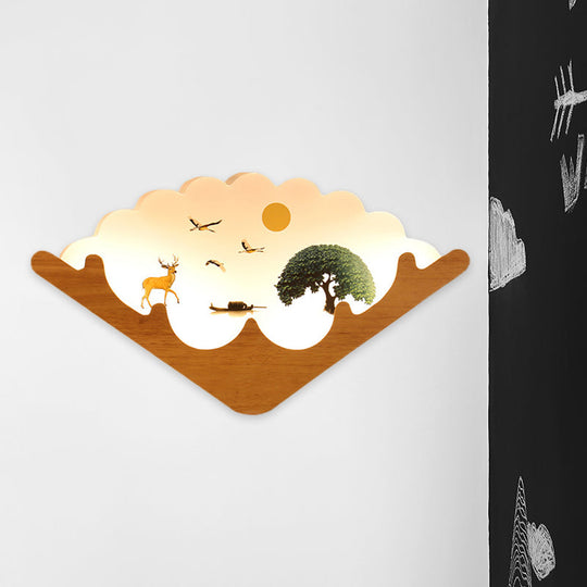 Led Asian Style Acrylic Fan Shaped Wall Lamp With Elk Deer & Forest Pattern