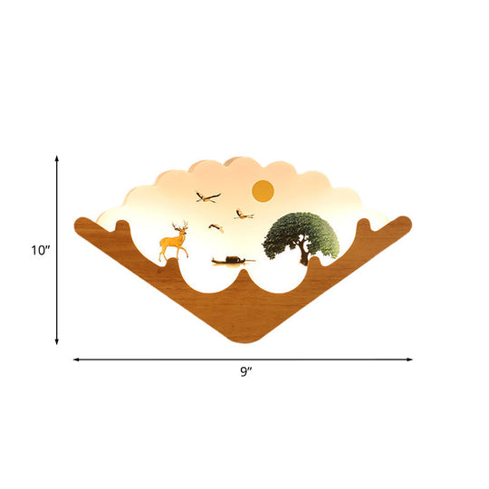 Led Asian Style Acrylic Fan Shaped Wall Lamp With Elk Deer & Forest Pattern