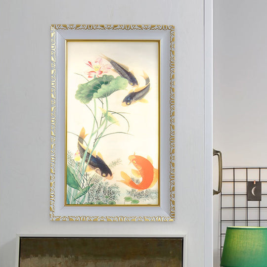 Oriental Led Wall Light With Fish And Lotus Leaf Design - Red Black Acrylic Rectangle Mural