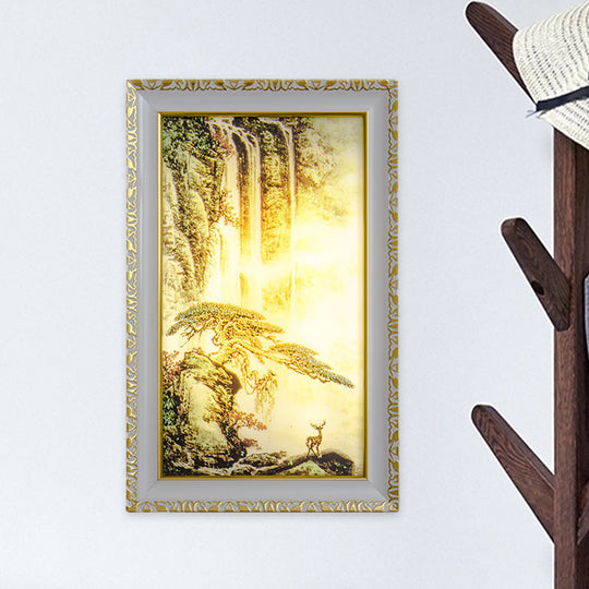 Chinese Acrylic Wall Mural Light - Led Gold Lighting With Pine Tree And Waterfall Pattern