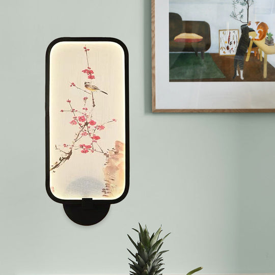 Chinese Style Led Acrylic Plum And Bird Mural Rectangle Wall Light Black