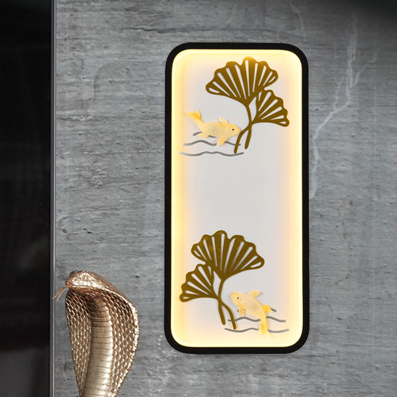 Chinese Style Black Ginkgo Led Wall Lamp With Metal Shade - Bedroom Mounted Lighting