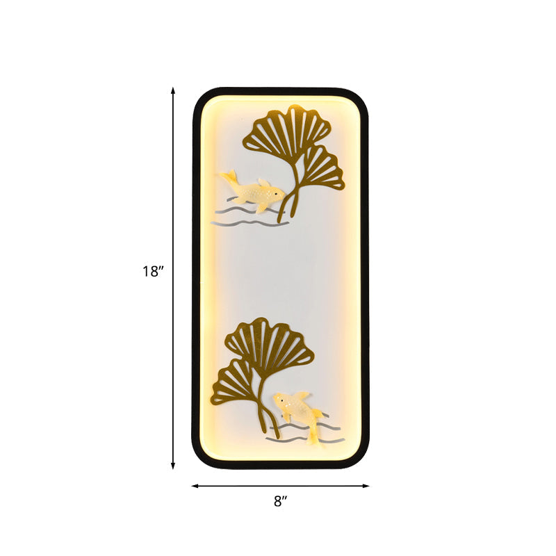 Chinese Style Black Ginkgo Led Wall Lamp With Metal Shade - Bedroom Mounted Lighting