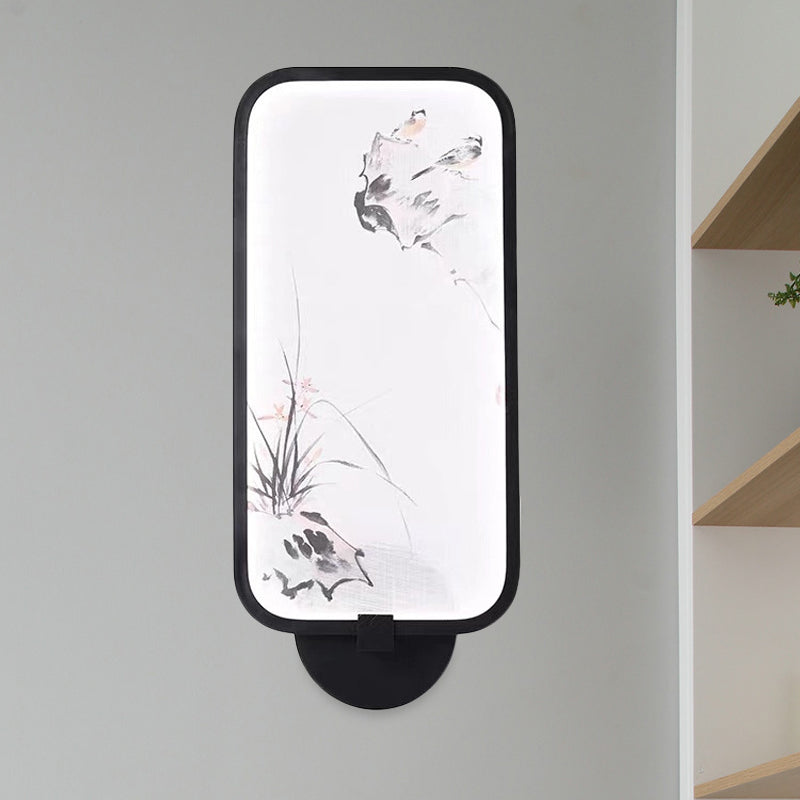 Chinese Style Acrylic Wall Mural Led Lamp: Rectangle Black Wall-Mounted With Bird Pattern