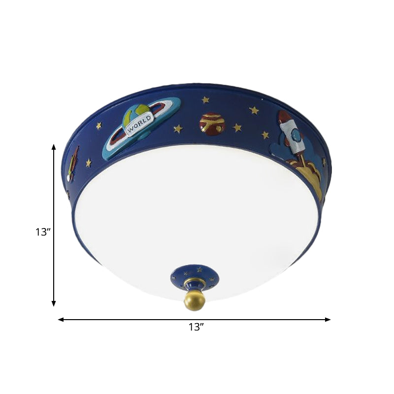 White Glass Bowl Ceiling Light - Cartoon Led Blue Flush Mount With Space Pattern In Warm/White