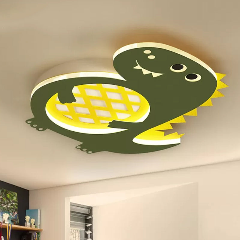 Dinosaur Led Flush Mount Light In Green - Ideal For Nurseries / White