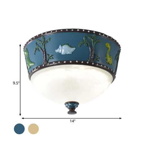 Bowl Opal Glass Ceiling Lamp - Kids Blue/Yellow Led Flush Mount With Dinosaur And Tree Pattern