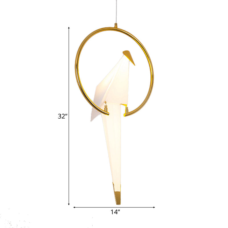 Modern Led Pendant Light With White Birdie Design Metal Ring And Warm/White Lighting