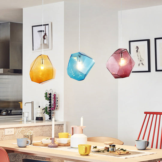 Contemporary Glass Pendant Light - Faceted Grey/Orange/Purple 1-Light Led Hanging Lamp For Dining