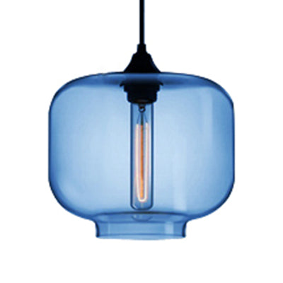 Contemporary Glass Hanging Lamp - Cylinder Shape 1 Light Red/Brown/Blue Dark Blue