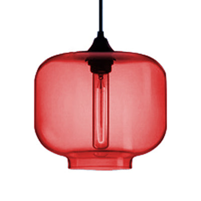 Contemporary Glass Cylinder Hanging Lamp - Red/Brown/Blue 1 Light Ceiling Red