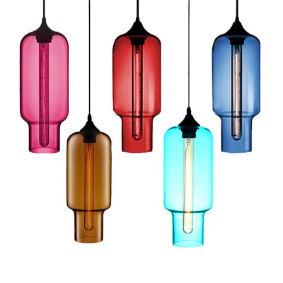 Contemporary Ceiling Pendant Light With Colorful Bottle Glass Shade - 1 Hanging Fixture