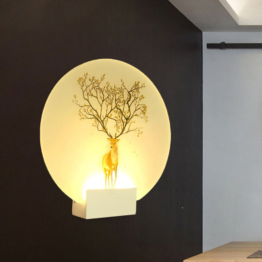 Chinese Style Led Acrylic Elk Wall Lamp: Circular Living Room Mural Light In White