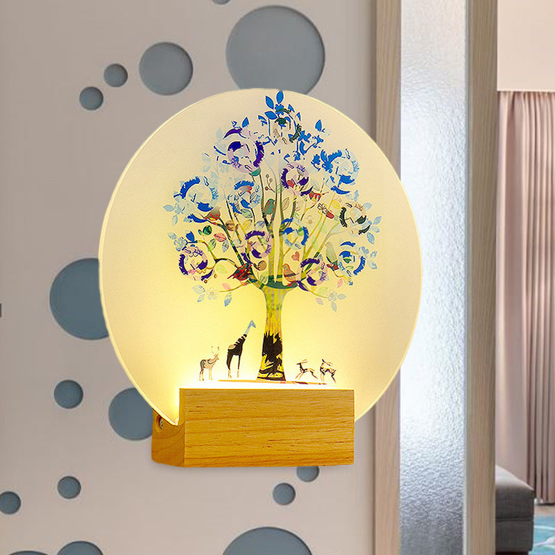 Nordic Led Wood And Acrylic Wall Lamp With Circular Tree Animal Design