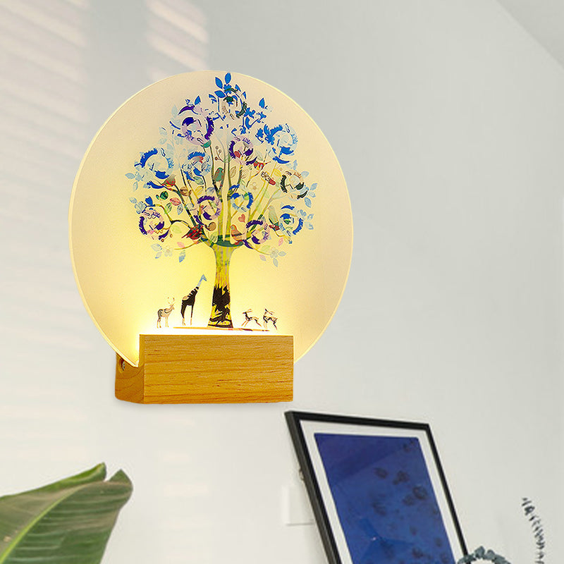 Nordic Led Wood And Acrylic Wall Lamp With Circular Tree Animal Design