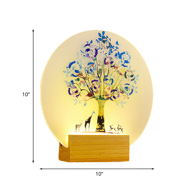 Nordic Led Wood And Acrylic Wall Lamp With Circular Tree Animal Design