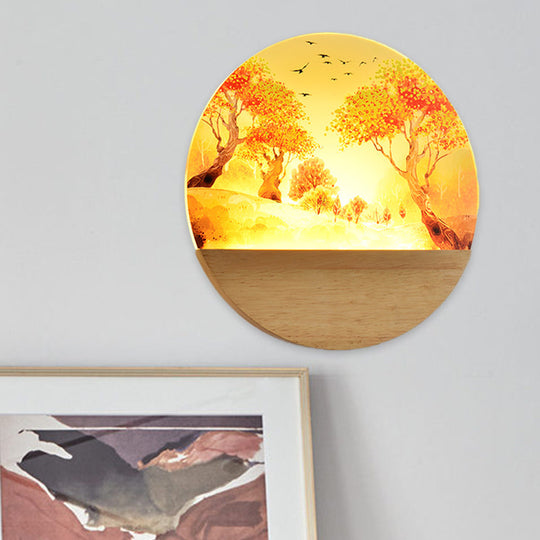 Nordic Style Led Wood Wall Mural Light - Acrylic Circular Autumn Trees Lighting For Corridor